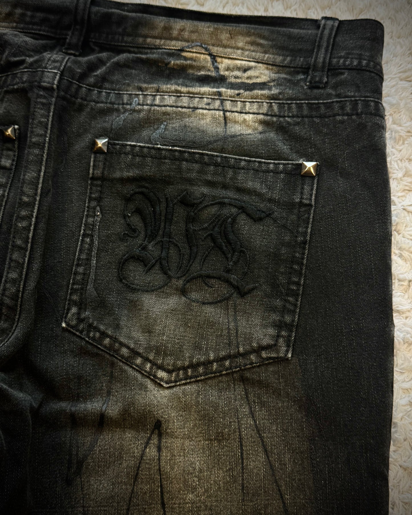 Xfrm Whiskered Paint Splatter Studded Bootcut Jeans