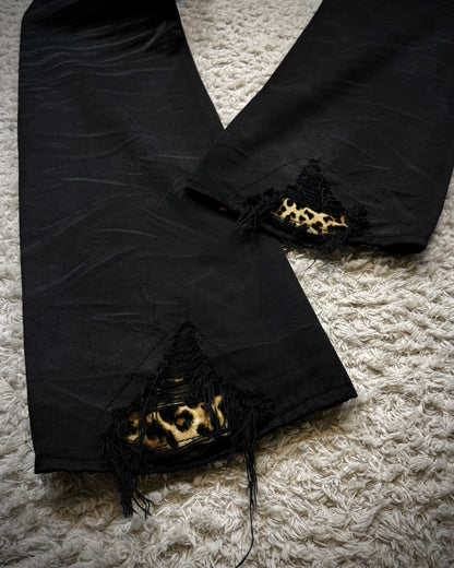 CavariA Leopard Repaired Whisker Washed Bootcut Denim