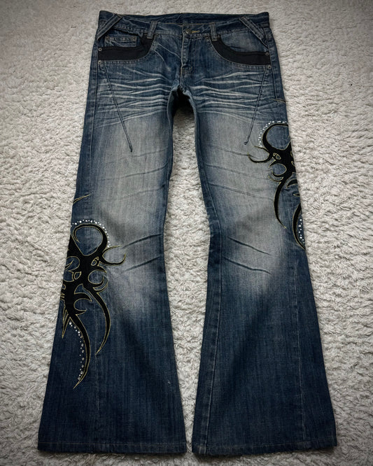 Tornado Mart Tribal Embroidery Clawmarks Flared Jeans