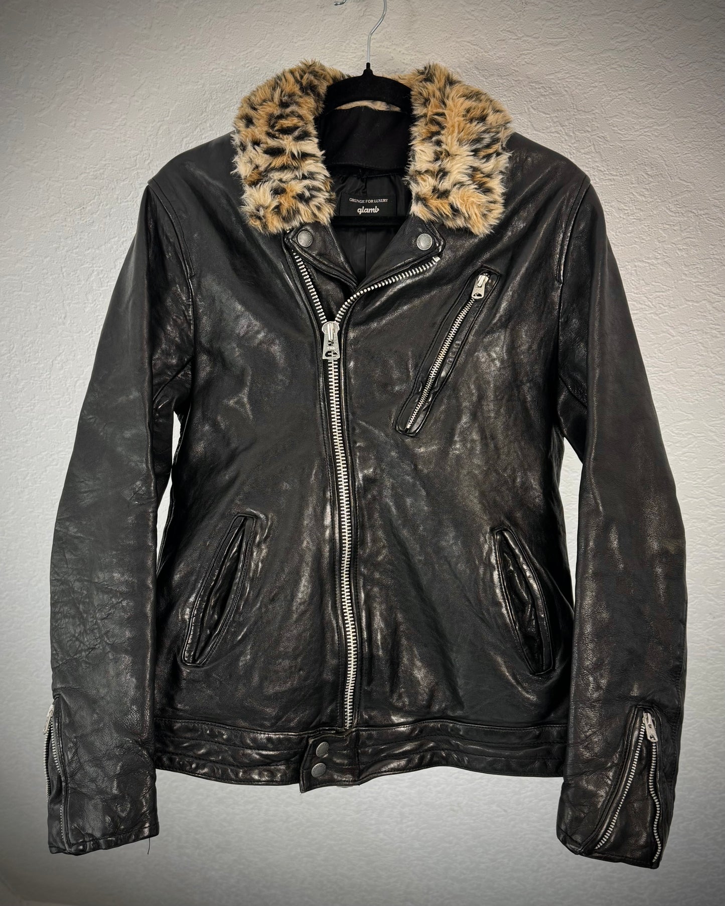 Glamb Leopard Fur Collar Leather Biker Jacket
