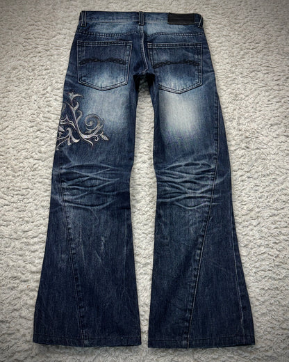 Midas Clawmarks Silver Tribal Embroidery Flared Jeans