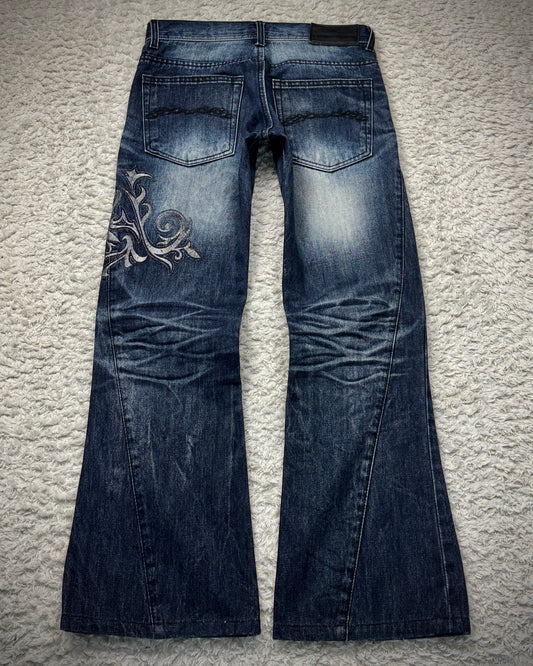 Midas Clawmarks Silver Tribal Embroidery Flared Jeans