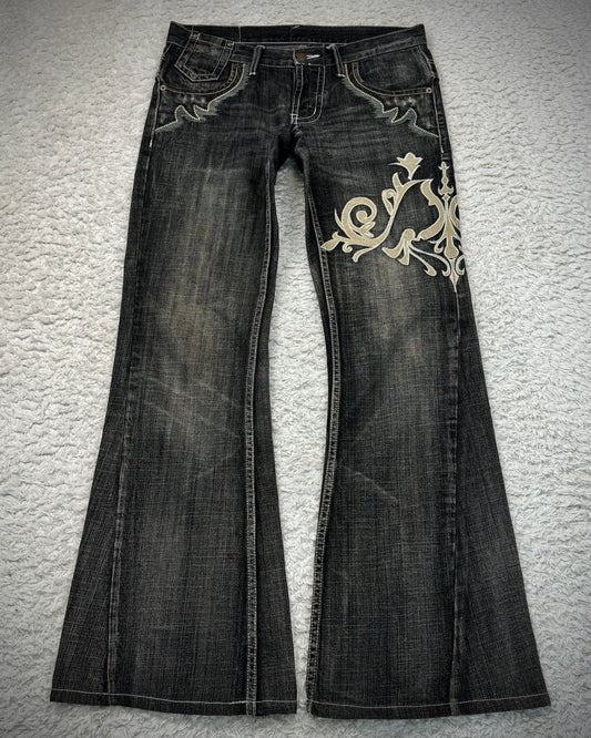 Tornado Mart Tribal Embroidery Spiral Flared Jeans