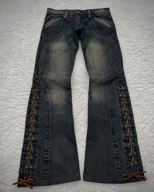 Tornado Mart Mud Washed Python Detailed Lace Up Flared Jeans