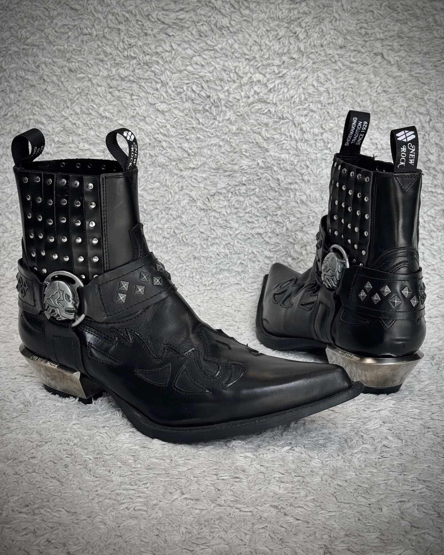 New Rock Studded Steel Heel Harness Leather Boots