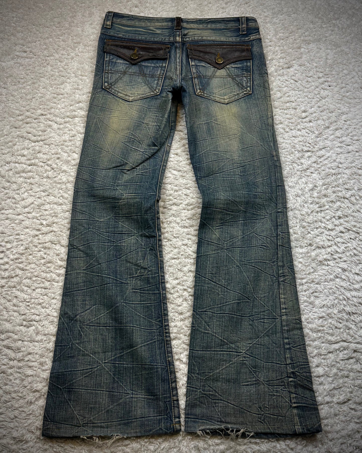 Agate Label Muddy Honeycomb Washed Leather Detailed Flared Jeans