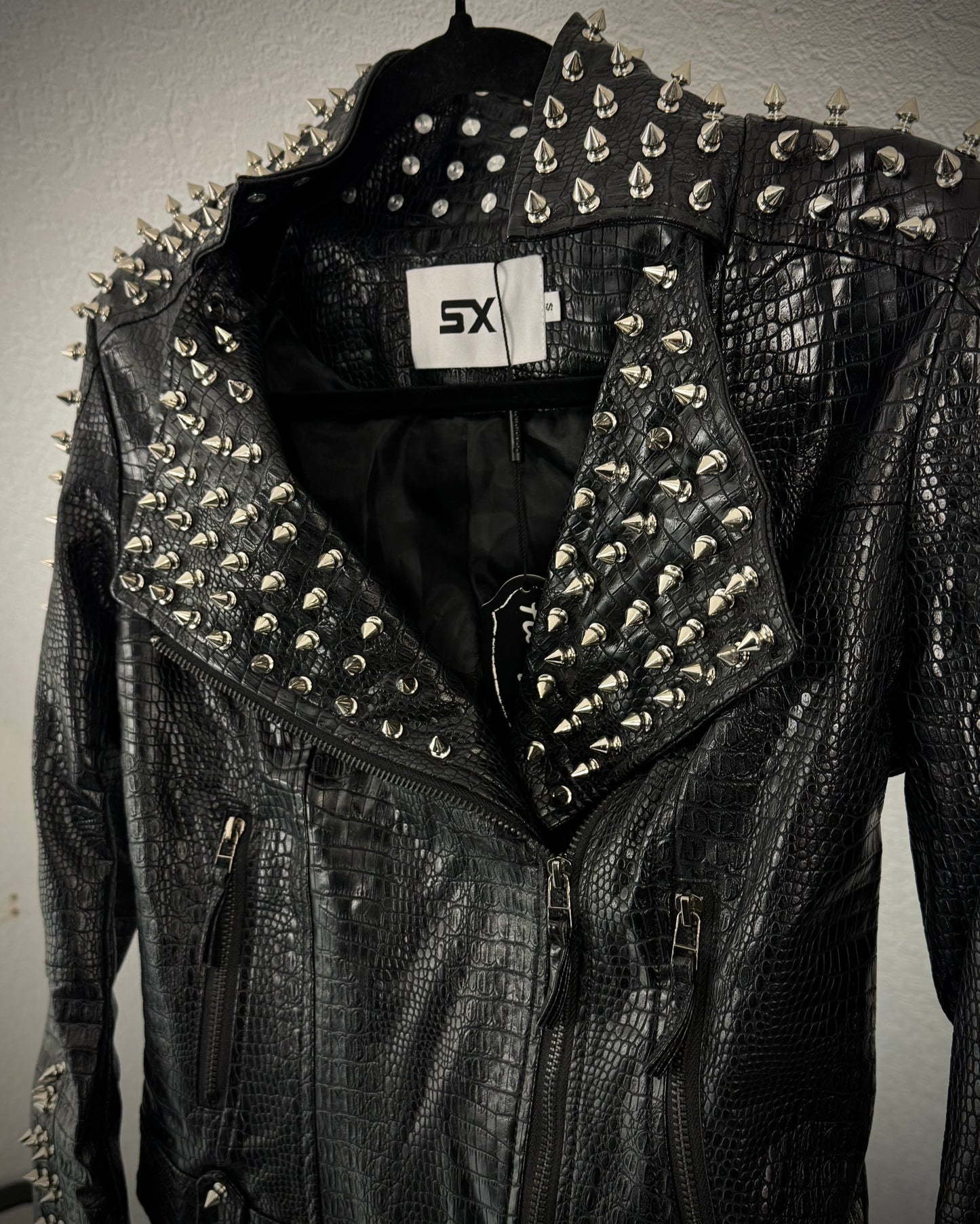 SX Honey Pot Crocodile Textured Studded Leather Jacket