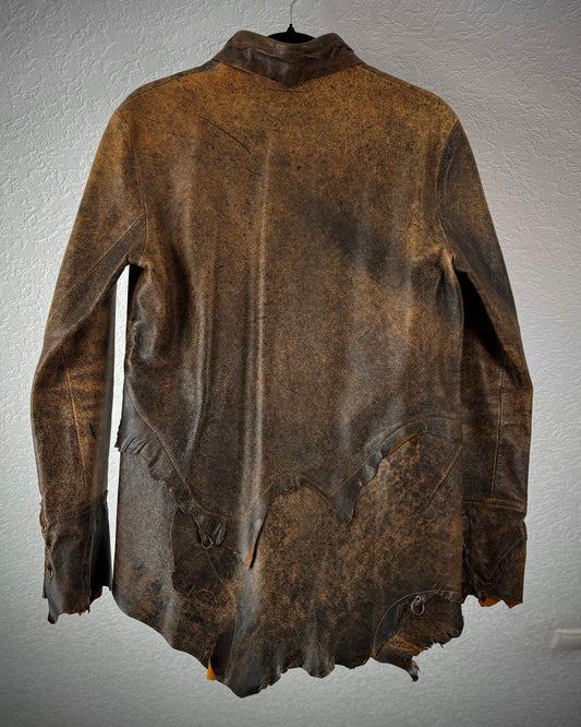 Obelisk Raw Cut Pierced Lace Up Leather Shirt