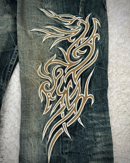Tornado Mart Tribal Tattoo Embroidery Spiral Flared Jeans