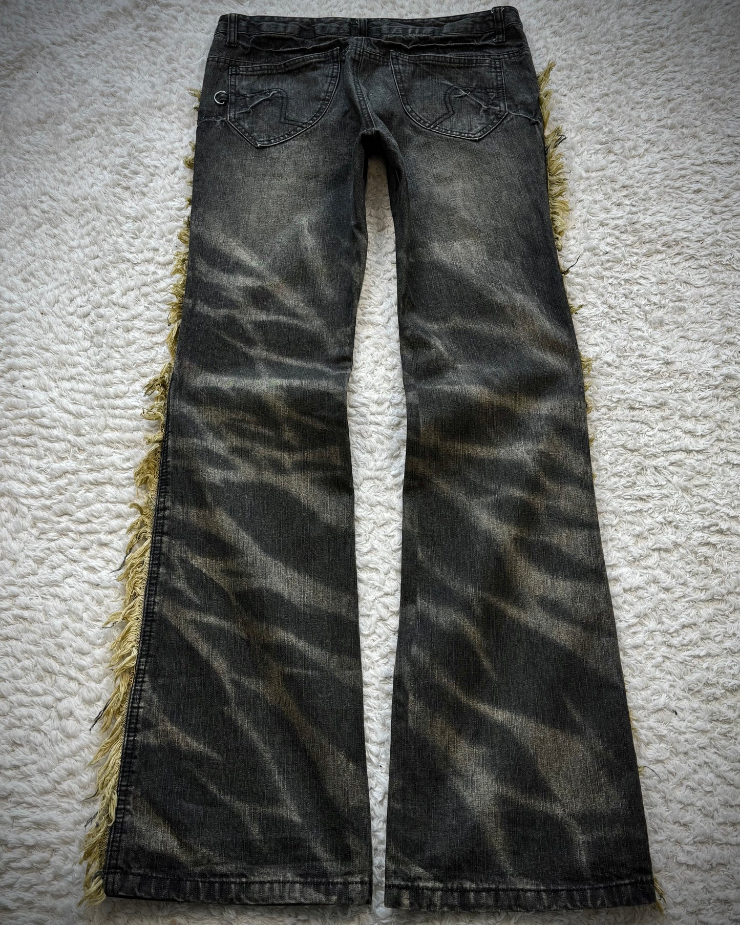 Black Baccara Fringed Zebra Washed Flared Jeans