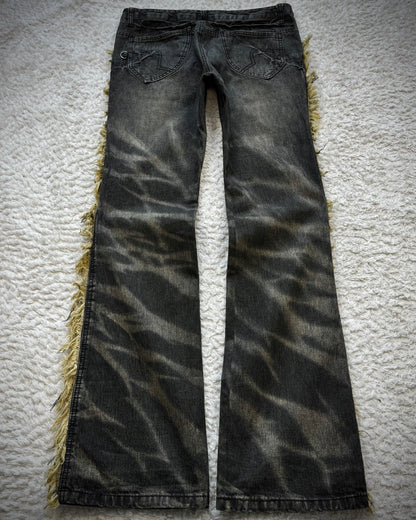 Black Baccara Fringed Zebra Washed Flared Jeans
