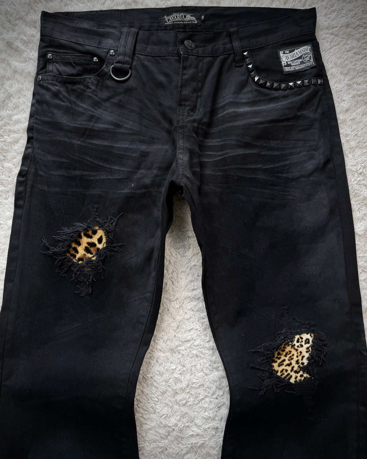 CavariA Leopard Repaired Clawmarks Flared Jeans