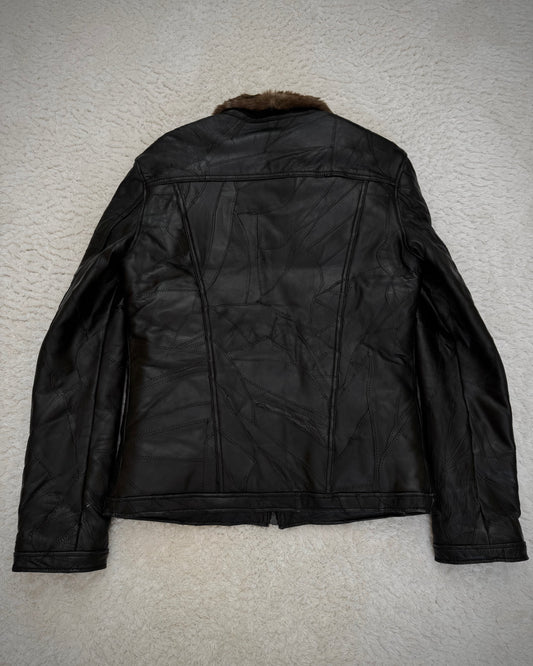 CAV-000 Rabbit Fur Collar Lamb Leather Patchwork Jacket