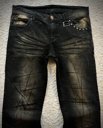 Xfrm Whiskered Paint Splatter Studded Bootcut Jeans
