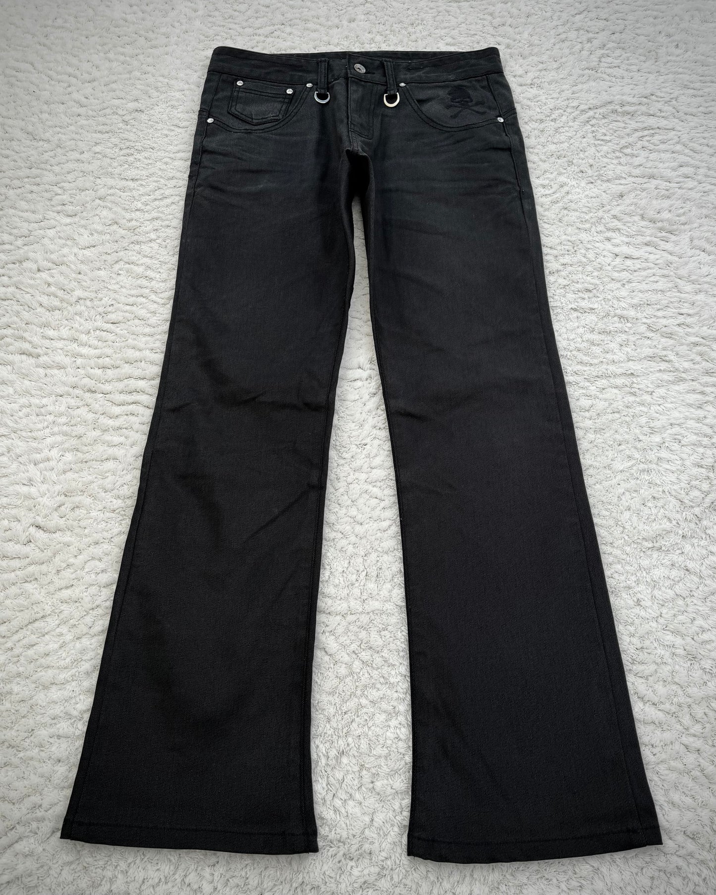 Semantic Design Skull Embroideries Waxed Bootcut Pants
