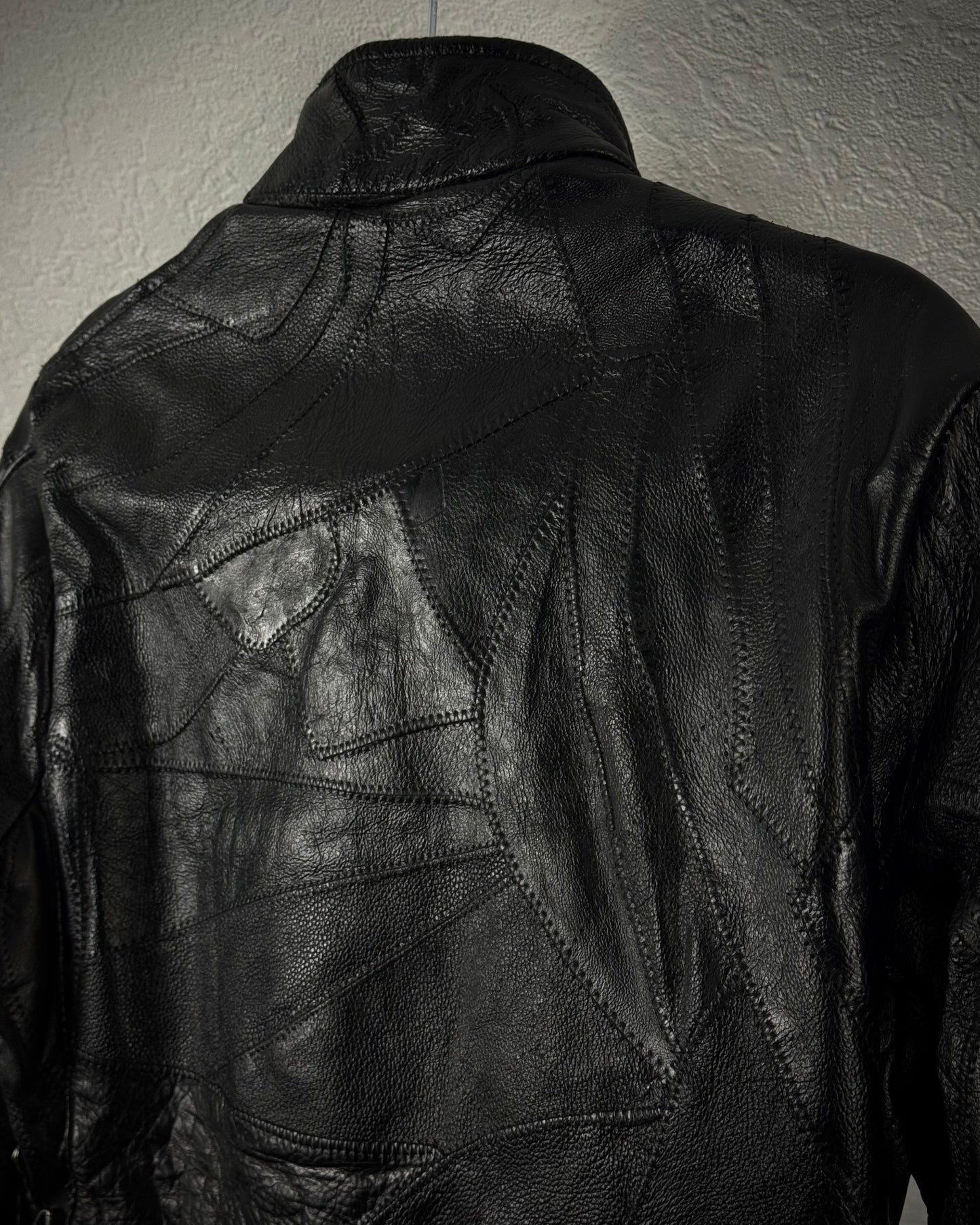 Diamond Plate Lace Up Buffalo Leather Patchwork Biker Jacket