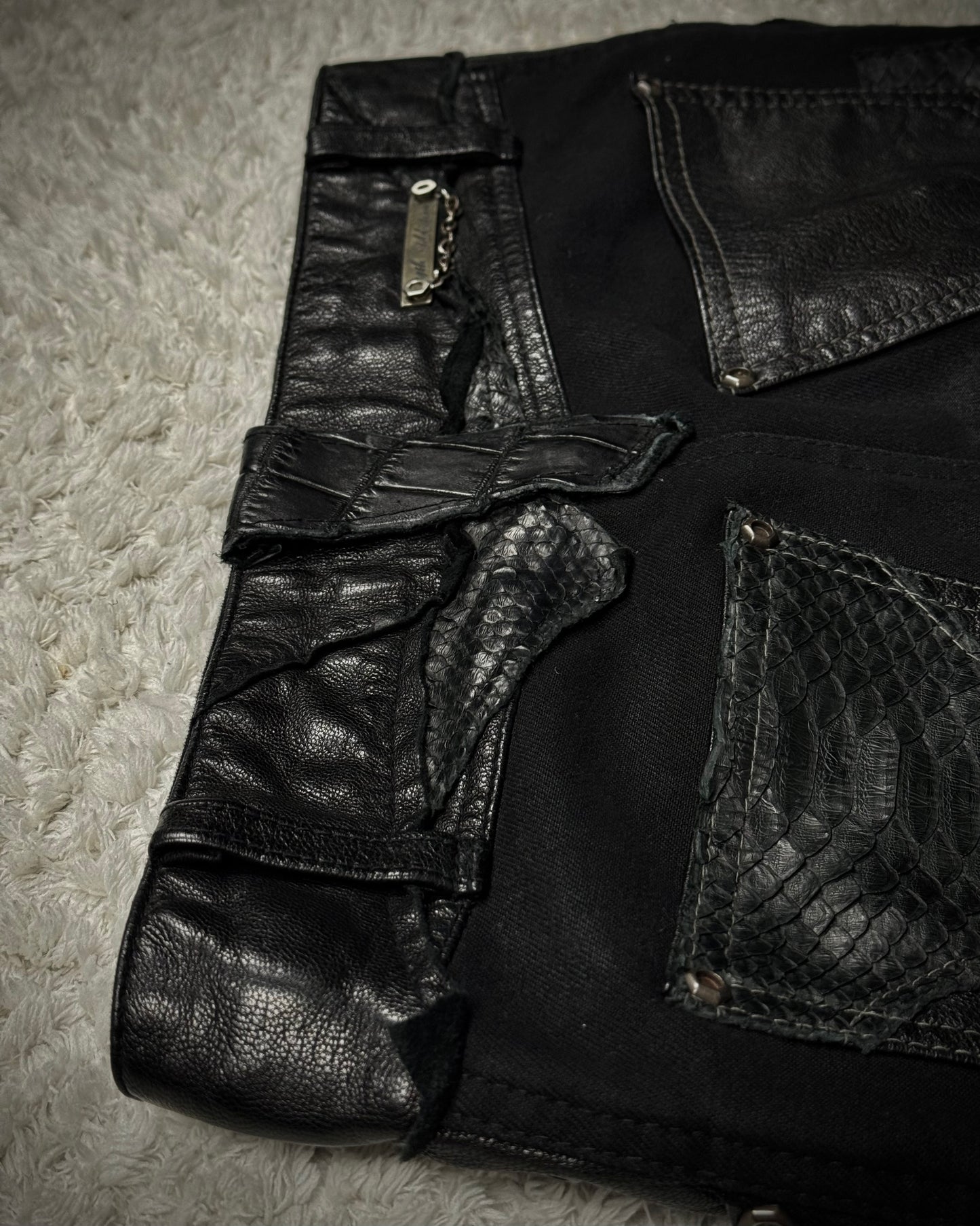 14th Addiction “Coyote 03” Python Leather Repaired Flared Pants