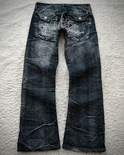 Wild Life Spider Web Honeycomb Washed Flared Jeans