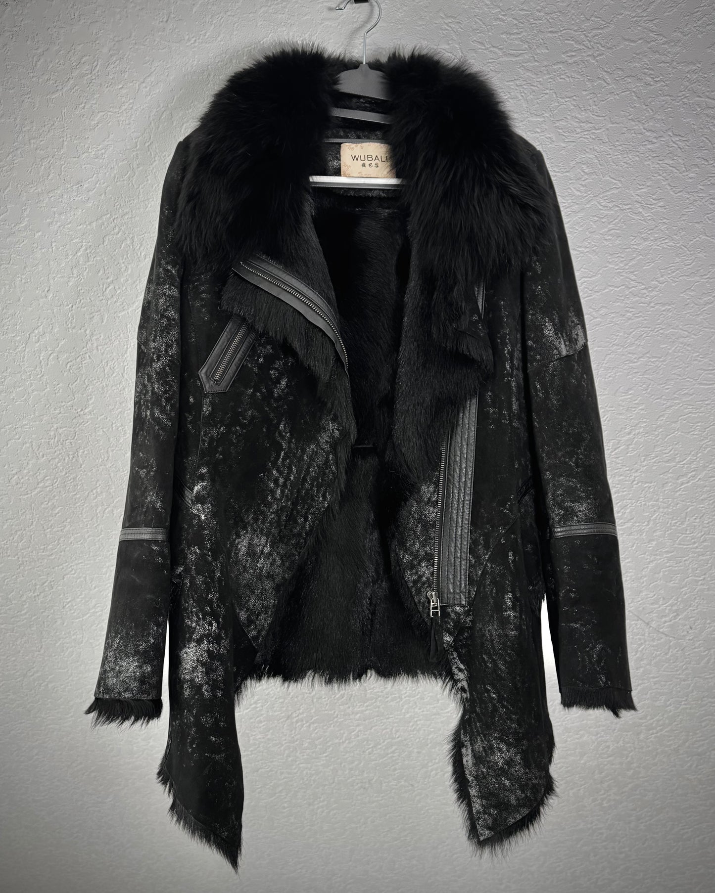 Asymmetrical Raw Cut Crack Waxed Fur Coat