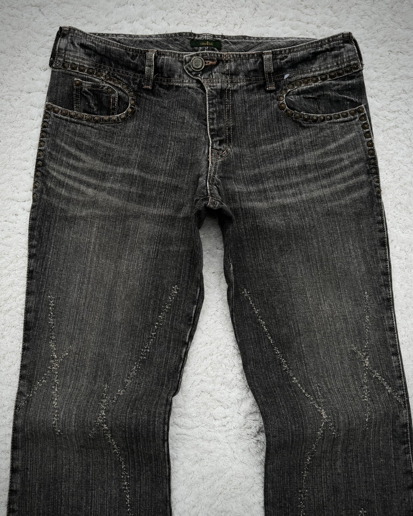 Obelisk Studded Distressed Design Flared Jeans