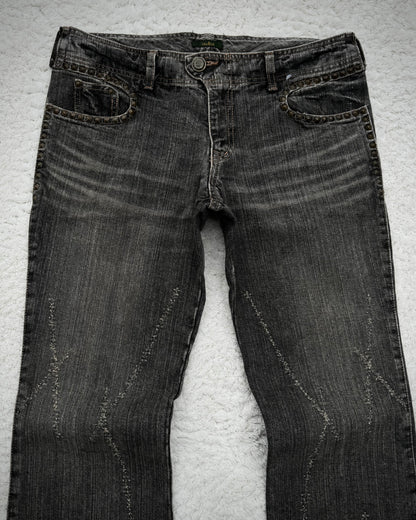 Obelisk Studded Distressed Design Flared Jeans
