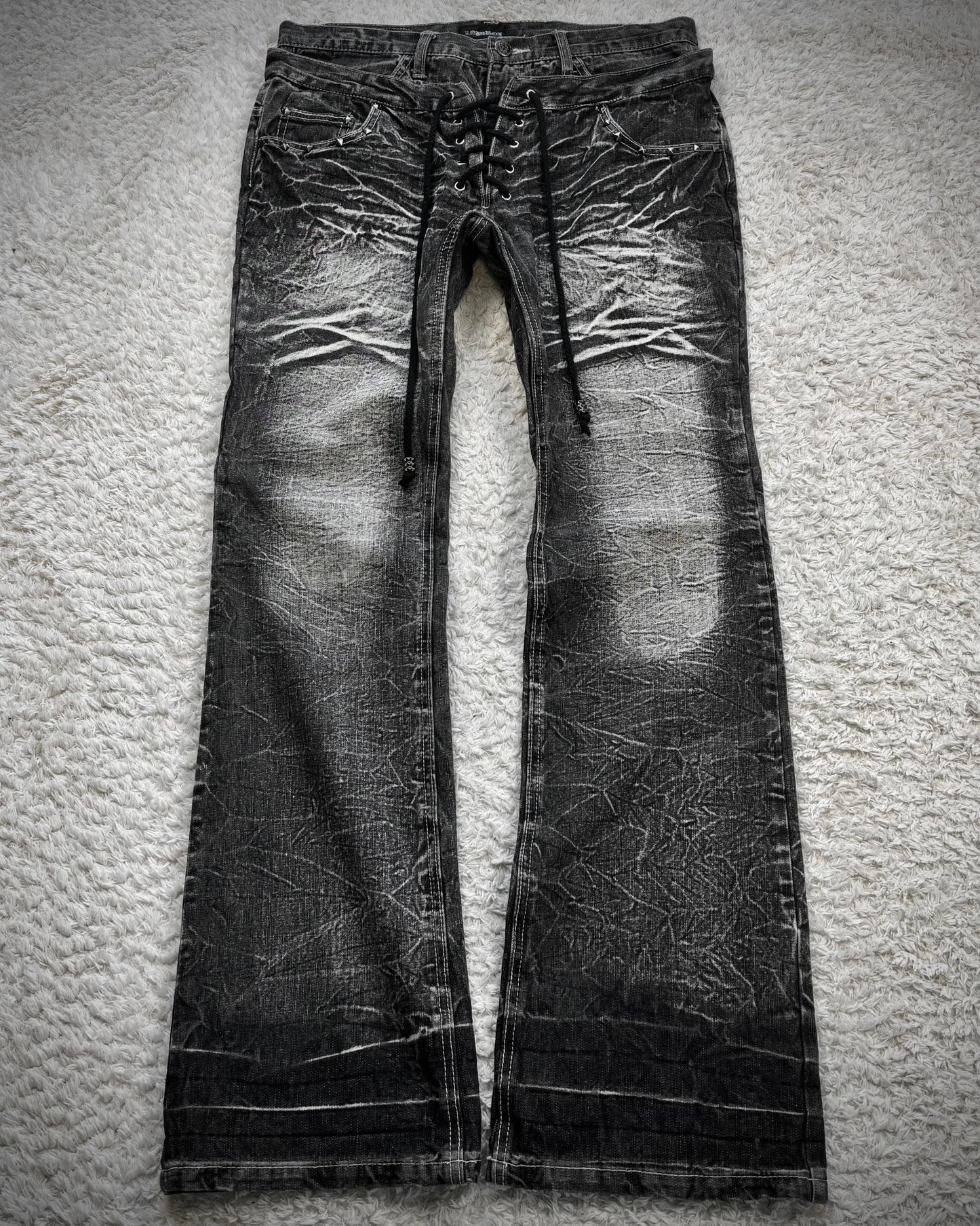 Lowbox Double Waisted Lace Up Whiskered Flared Jeans
