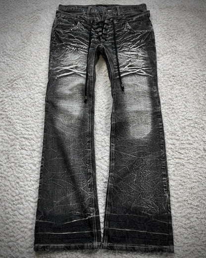 Lowbox Double Waisted Lace Up Whiskered Flared Jeans
