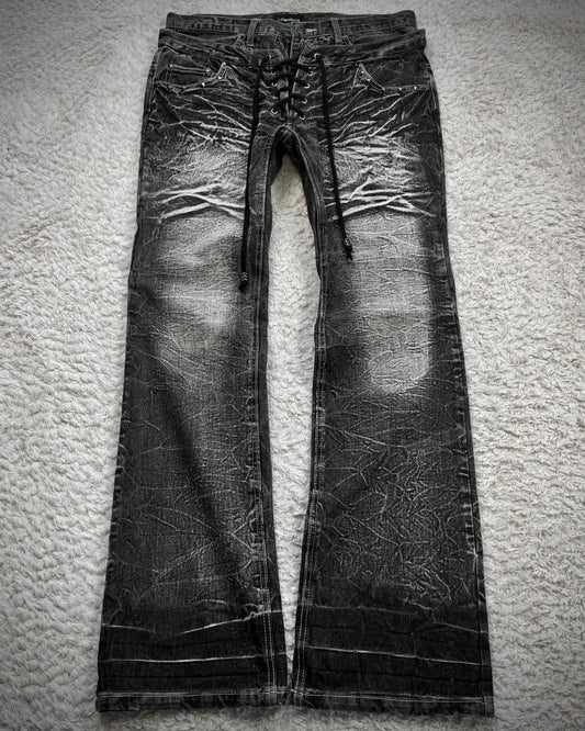 Lowbox Double Waisted Lace Up Whiskered Flared Jeans