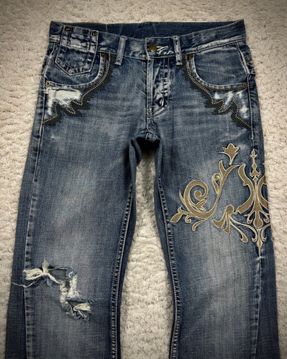 Tornado Mart Tribal Embroidery Flared Jeans