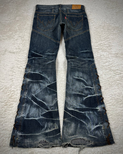 Tornado Mart Whisker Washed Lace Up Flared Jeans