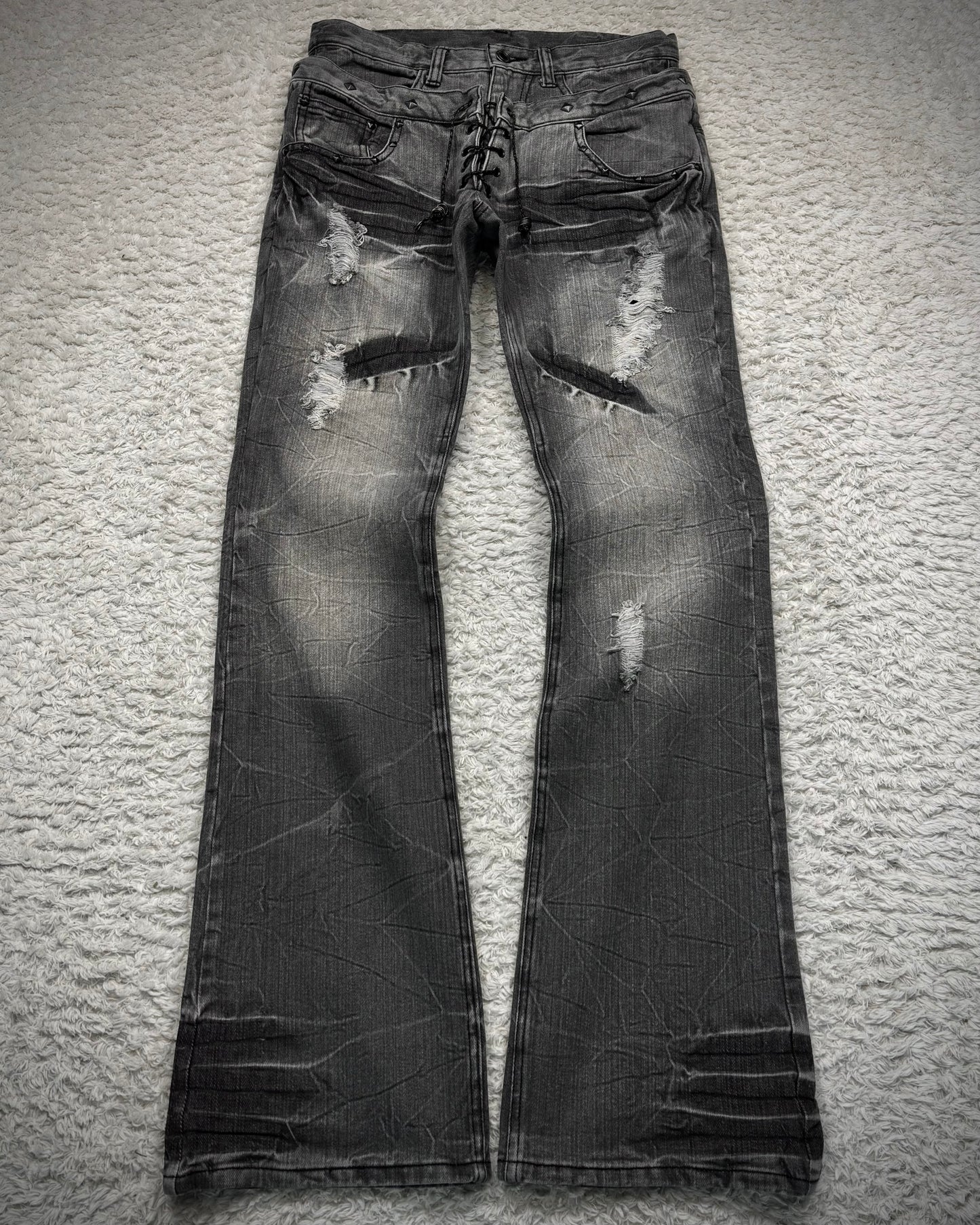 LAD Double Waisted Lace Up Studded Flared Jeans