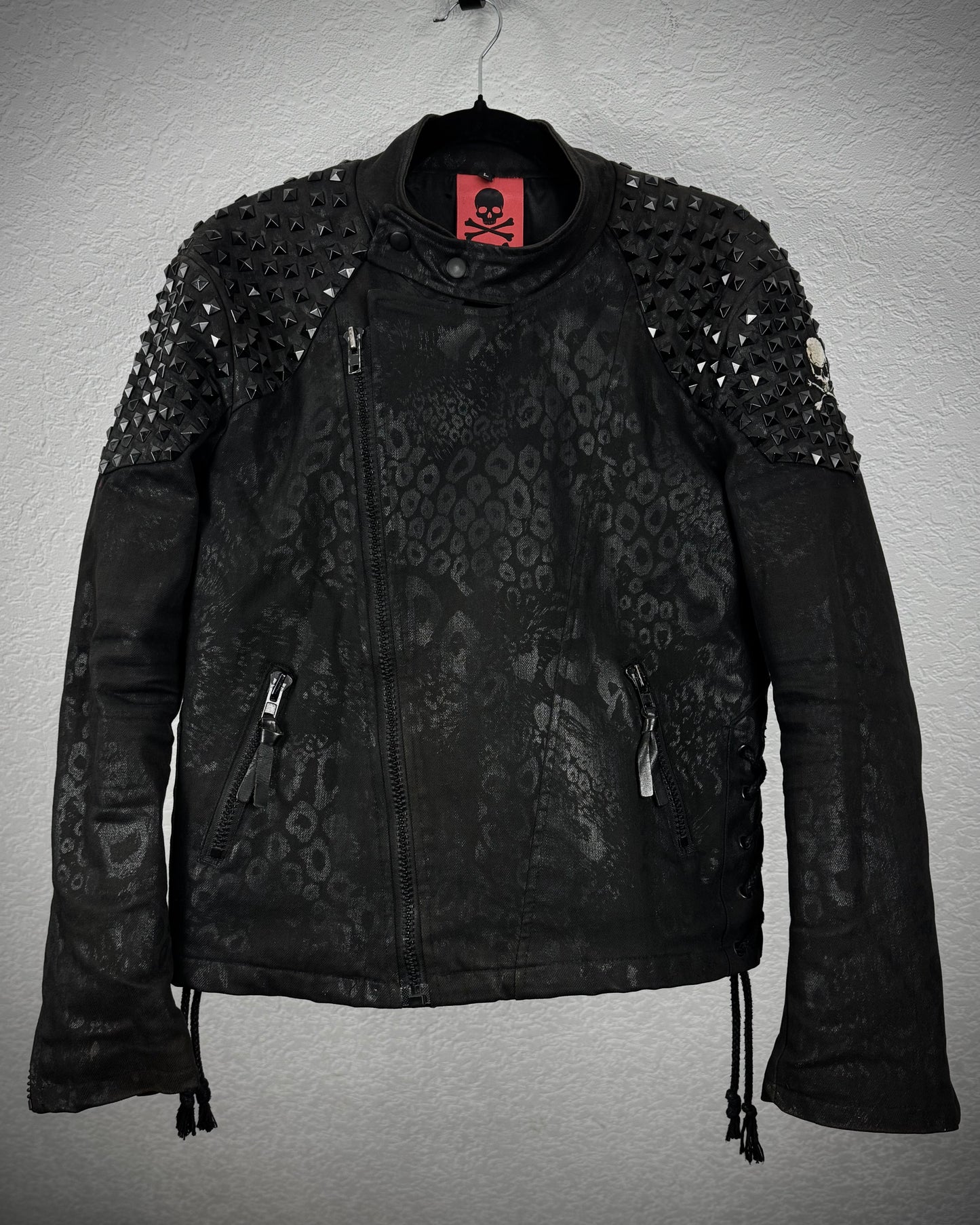 By The R Leopard Waxed Studded Lace Up Biker Jacket