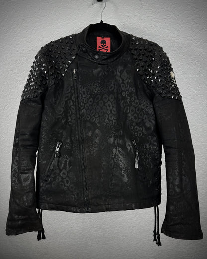 By The R Leopard Waxed Studded Lace Up Biker Jacket