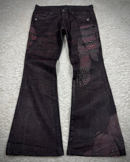 Tornado Mart 3D Python Coated Whisker Waxed Flared Jeans