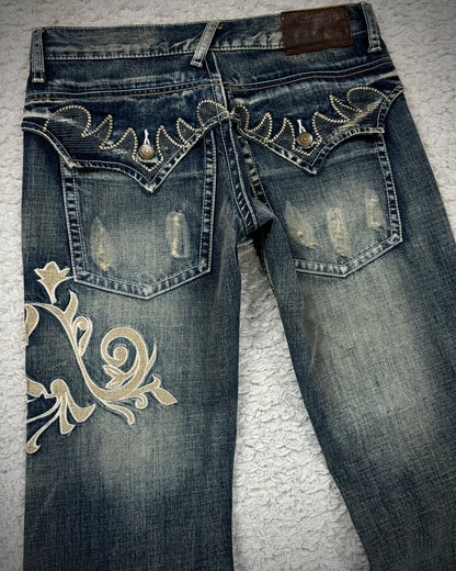 Tornado Mart Mud Washed Tribal Embroidery Flared Jeans
