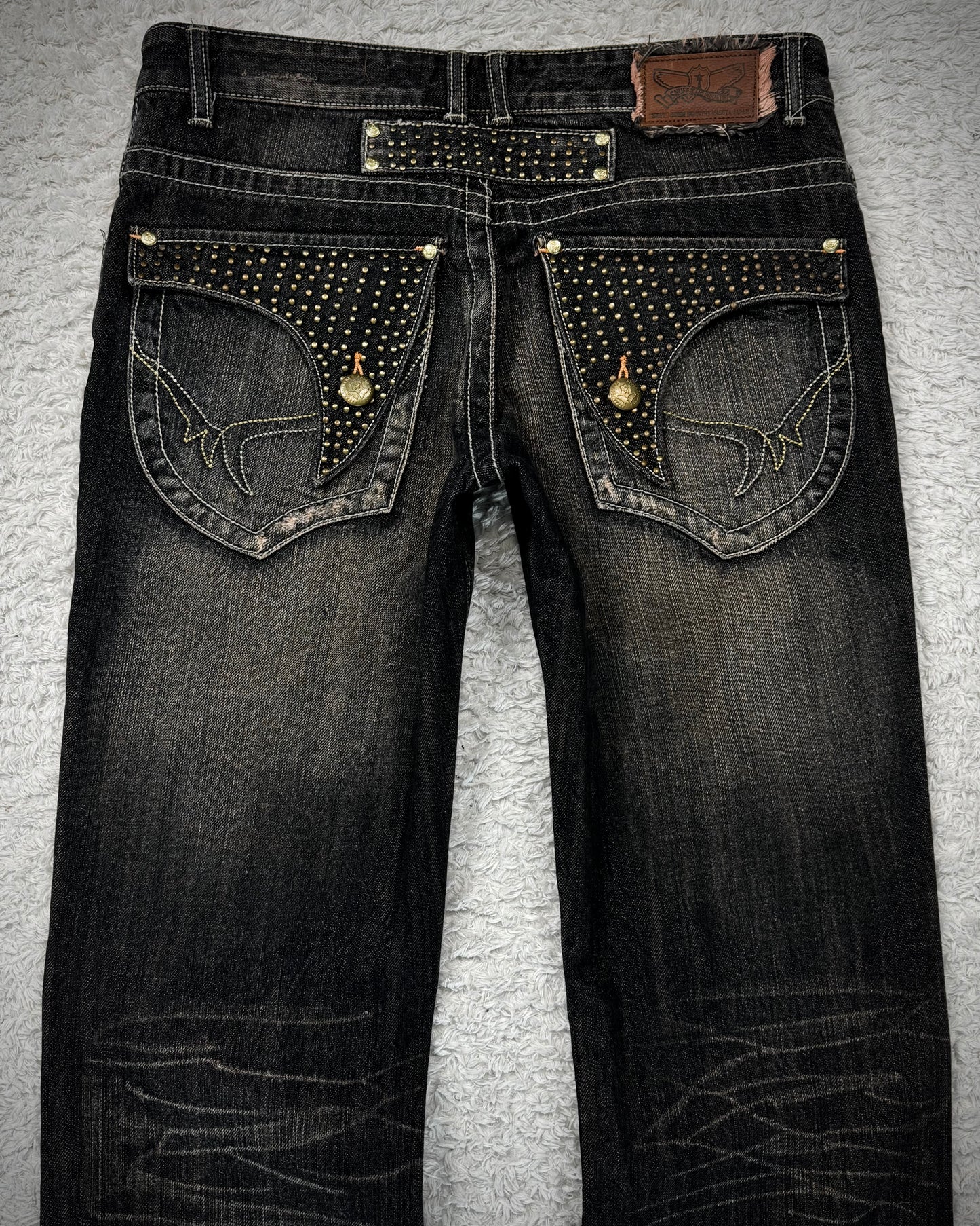 Snuff Studded Flap Pockets Flared Jeans