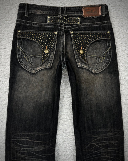Snuff Studded Flap Pockets Flared Jeans