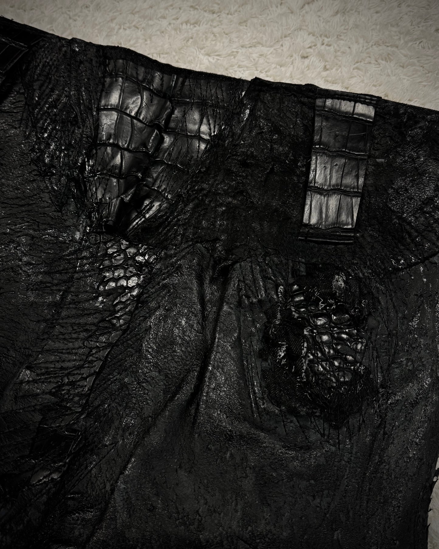 1vfudie “Noir” Scar Stitched Crocodile Leather Bell Bottom Flared Pants