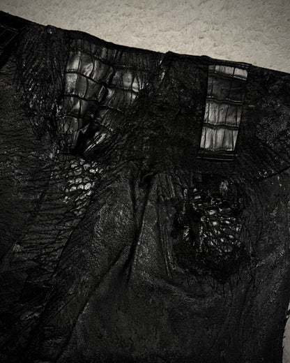 1vfudie “Noir” Scar Stitched Crocodile Leather Bell Bottom Flared Pants