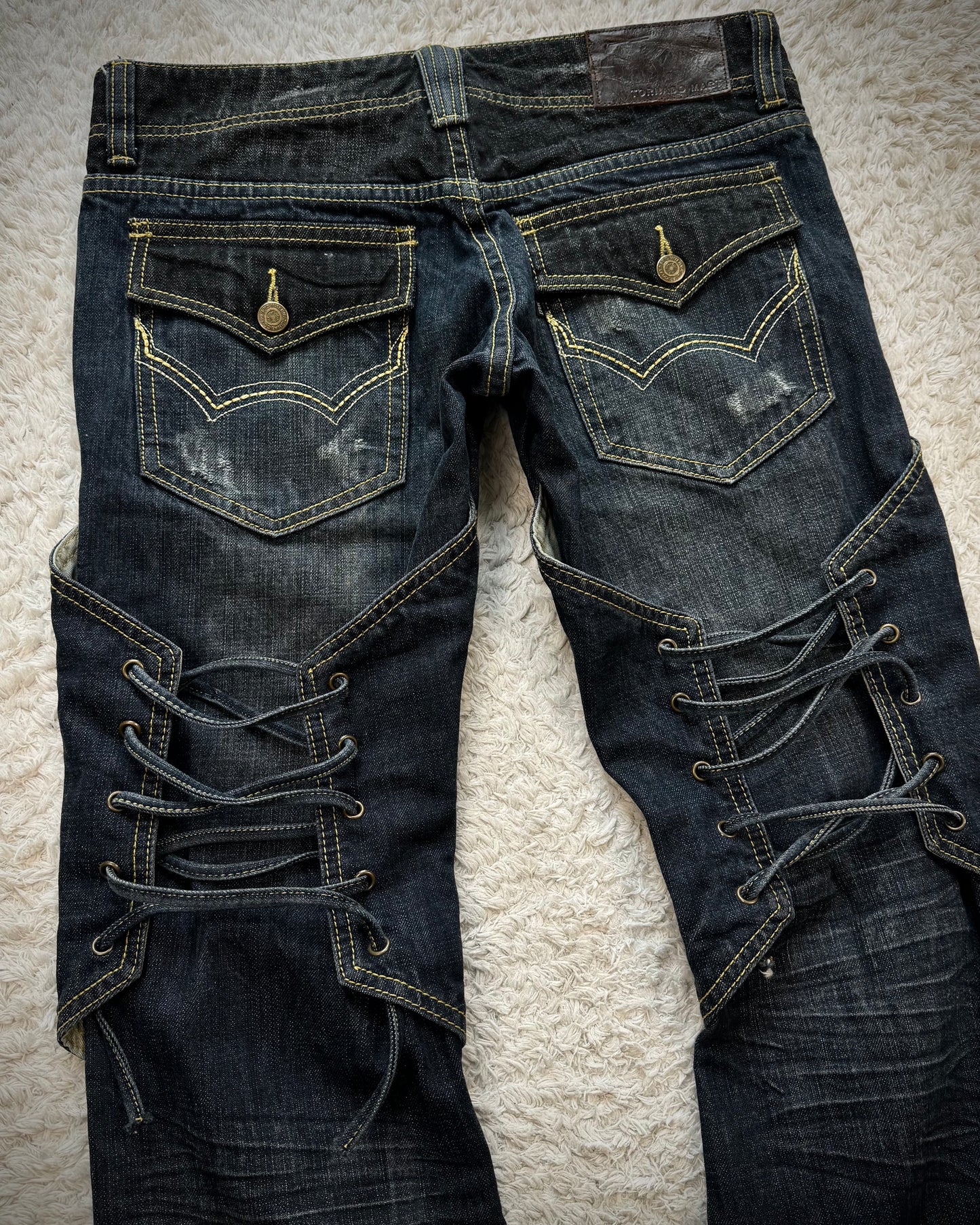 Tornado Mart Knee Back Lace Up Flared Denim
