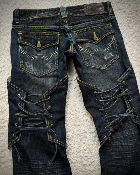 Tornado Mart Knee Back Lace Up Flared Denim