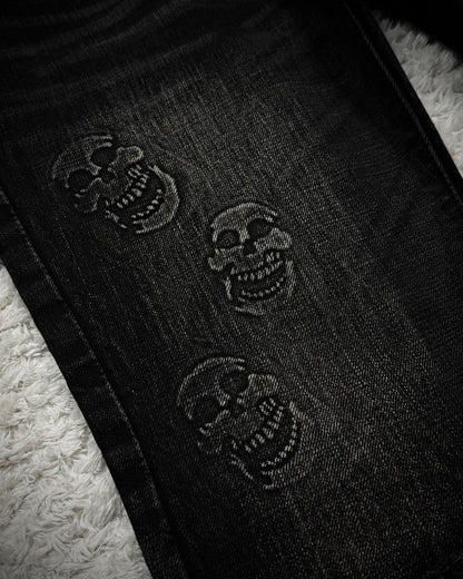 Fuga Skull Embossed Whisker Washed Flared Jeans