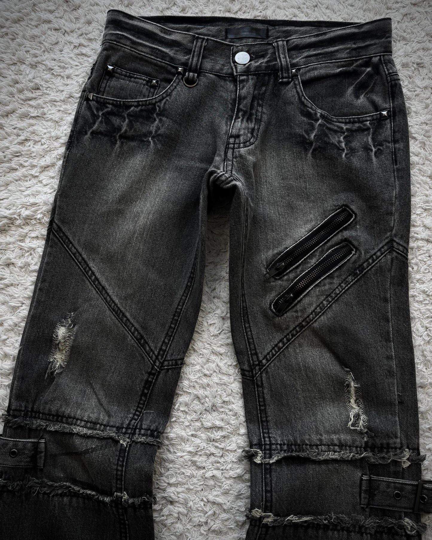 Black Baccara Zipper Strapped Construction Flared Jeans