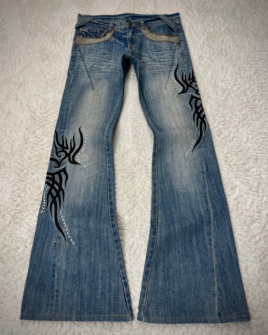 Tornado Mart Tribal Embroidery Studded Flared Jeans
