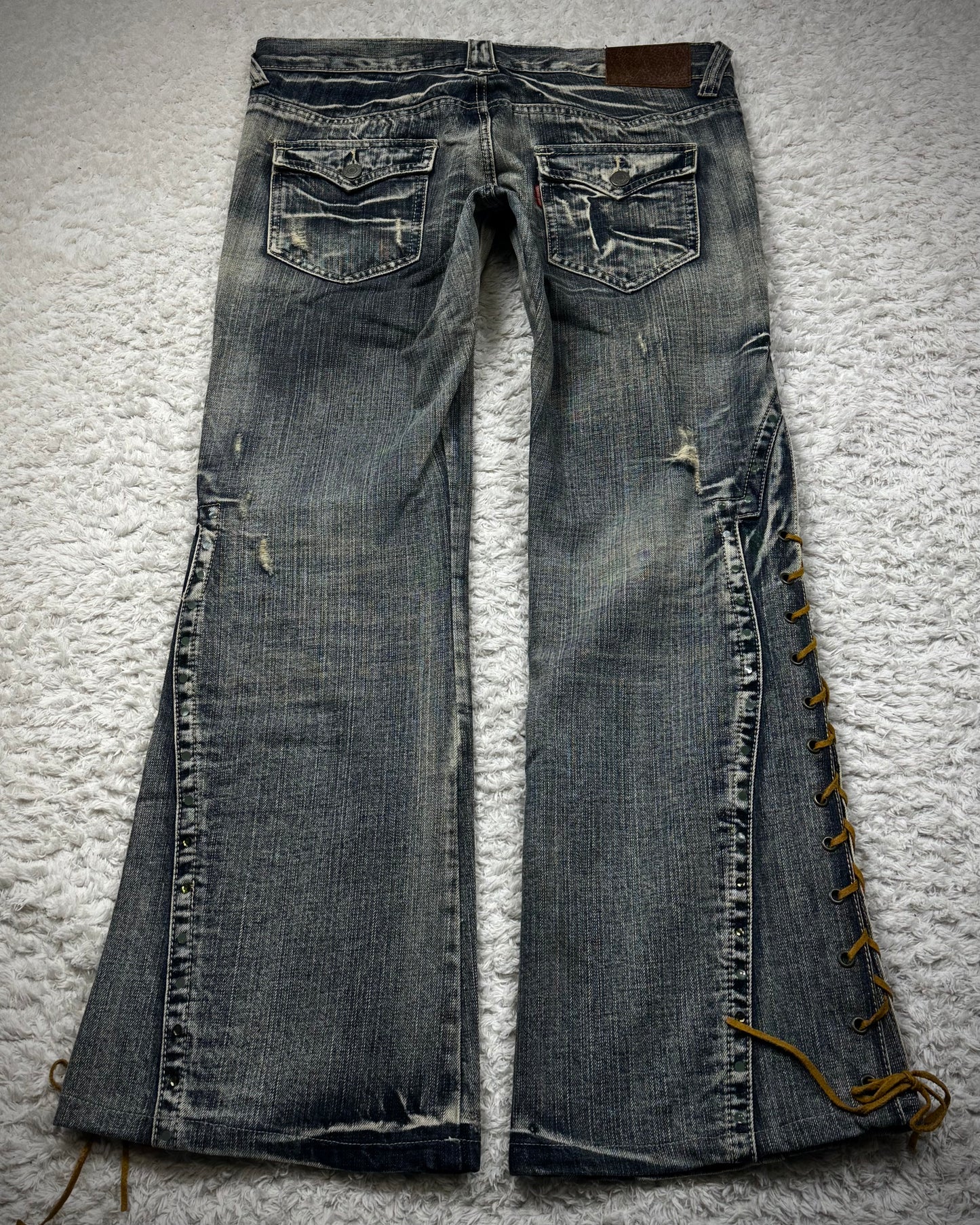Tornado Mart Crystal Decorated Lace Up Flared Jeans
