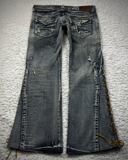 Tornado Mart Crystal Decorated Lace Up Flared Jeans