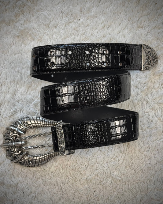 Crocodile Textured Western Buckle Glossy Leather Belt