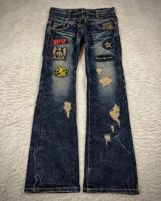 Buzz Spunky Double Waisted Lace Up Studded Patched Bootcut Denim