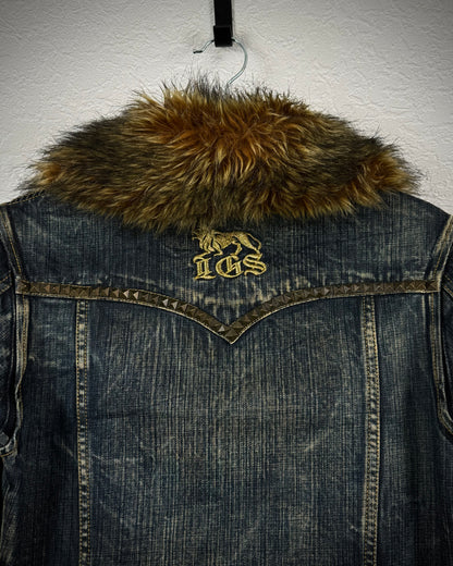 Lagust Studded Fur Collar Denim Jacket