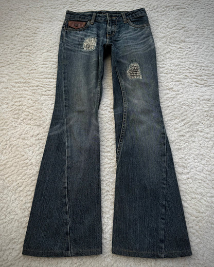 Elvence Repaired Western Spiral Flared Jeans
